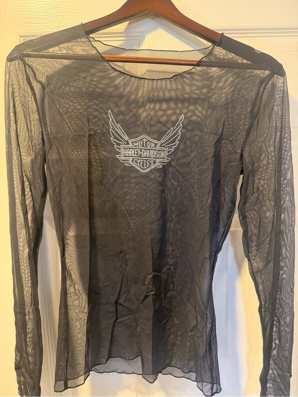 Harley-Davidson Black Sheer Long Sleeve Mesh Top with Rhinestone Logo